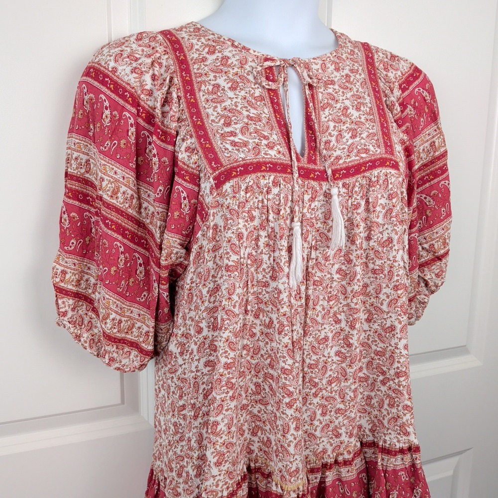 Romantic Red Paisley Peasant Blouse Top Boho Tassel Keyhole Puff Sleeve Sz Small - Picture 1 of 9